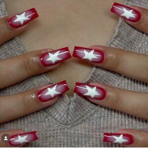 24 Pcs Red White Star Ballet Medium Full Cover Press-on Nails Gradient NIB